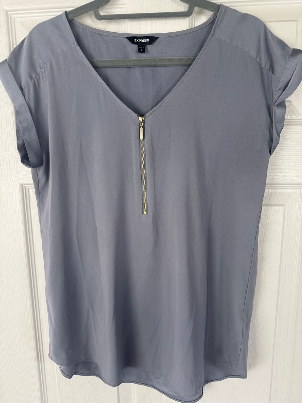Express Light Slate Gray V-Neck Zip Front Blouse